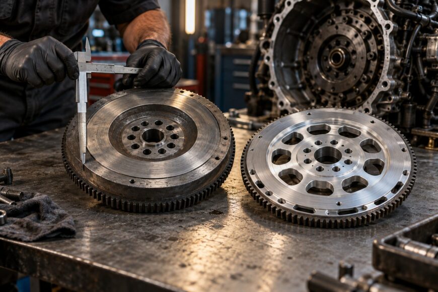 Mechanic wearing black gloves measuring a car flywheel with calipers on a metal workbench in a workshop