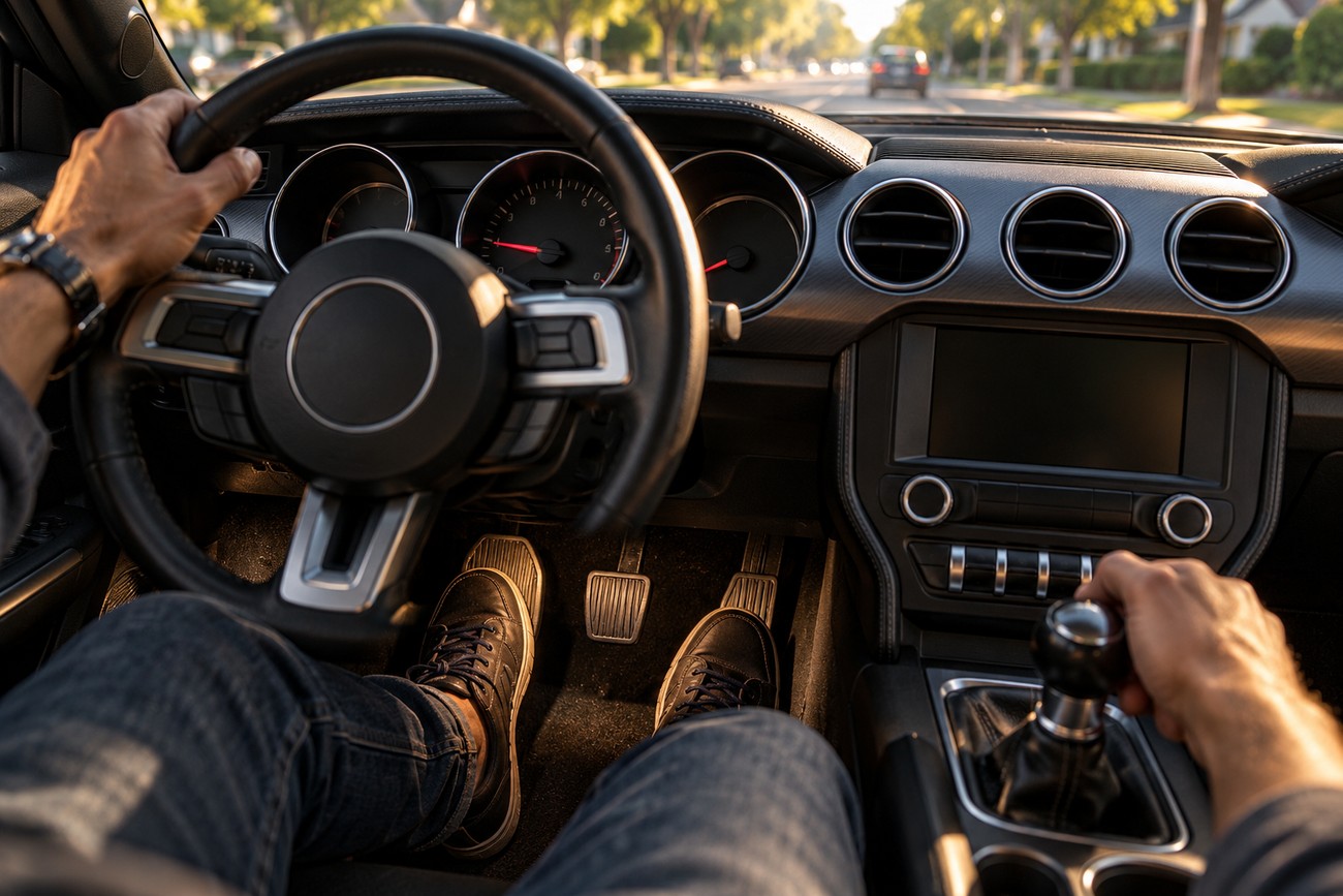 Driver shifting gears with a manual transmission lever and operating pedals inside a car cockpit