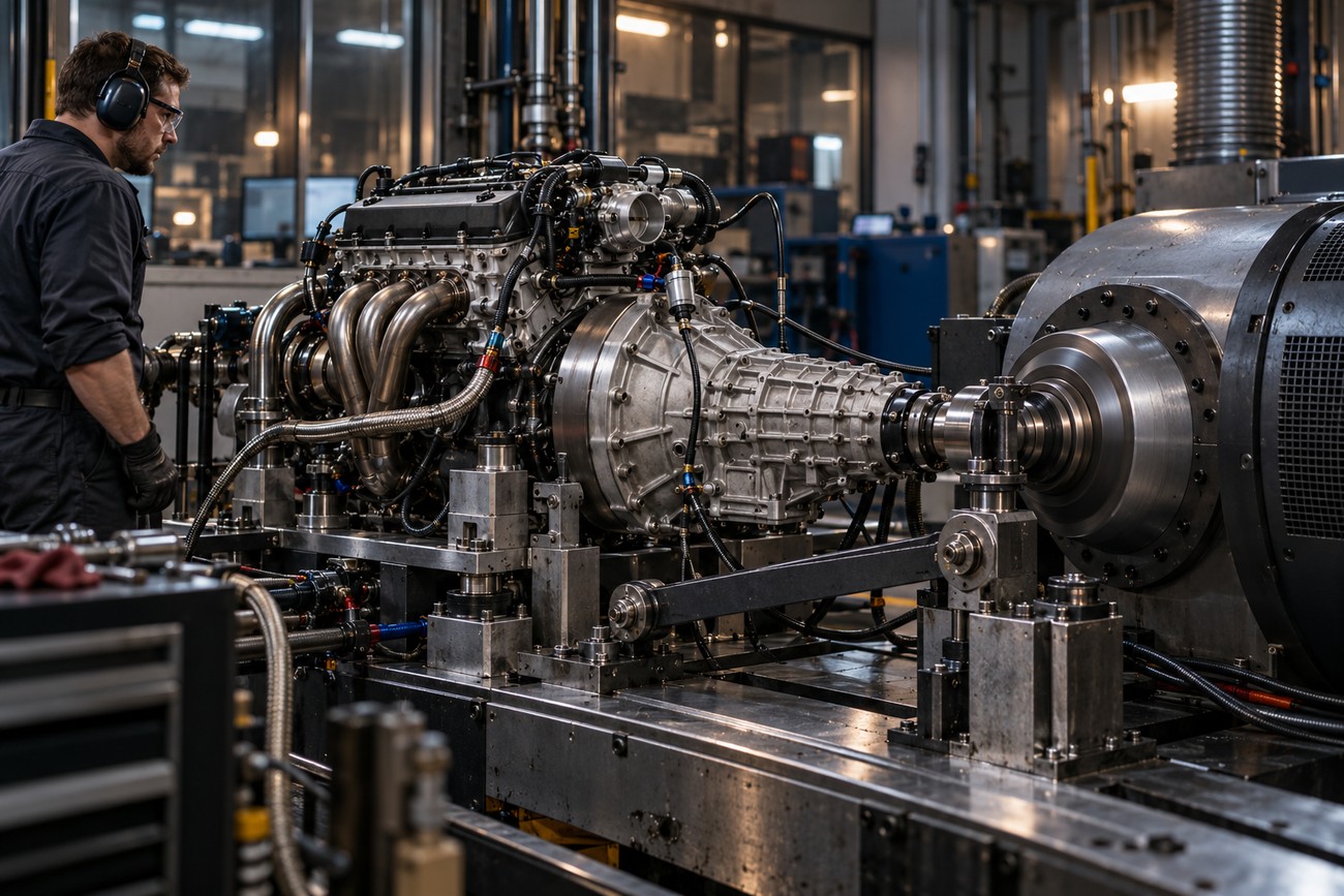 An engineer wearing safety glasses and earmuffs monitors a high-performance engine and transmission assembly on a dynamometer test bench