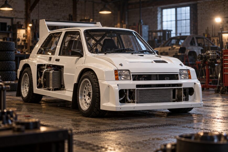 White MG Metro 6R4 Group B rally car with exposed side engine and massive rear wing parked inside a dimly lit vintage workshop