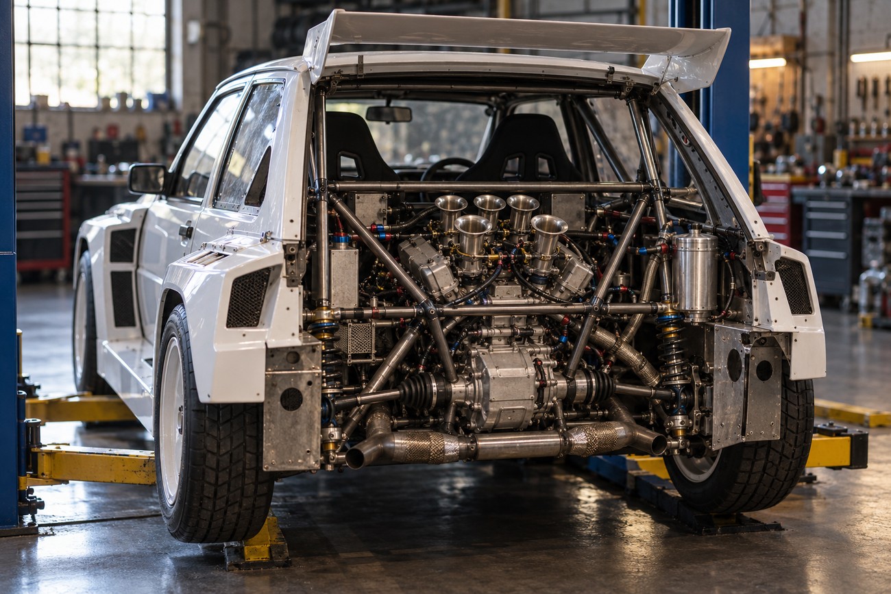 Rear view of a white MG Metro 6R4 rally car raised on a hydraulic hoist in a workshop with exposed engine and roll cage