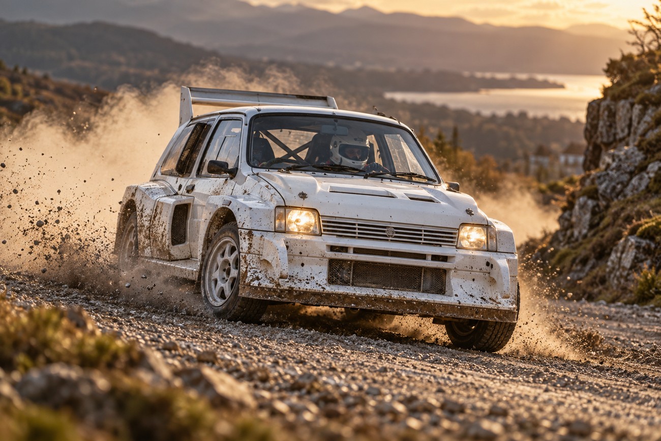A white MG Metro 6R4 rally car kicking up dust and gravel on a mountain dirt road at sunset