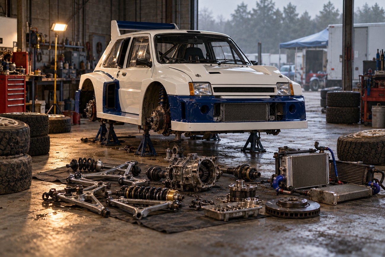 White and blue MG Metro 6R4 rally car raised on stands inside a garage with scattered suspension parts and radiators on the floor