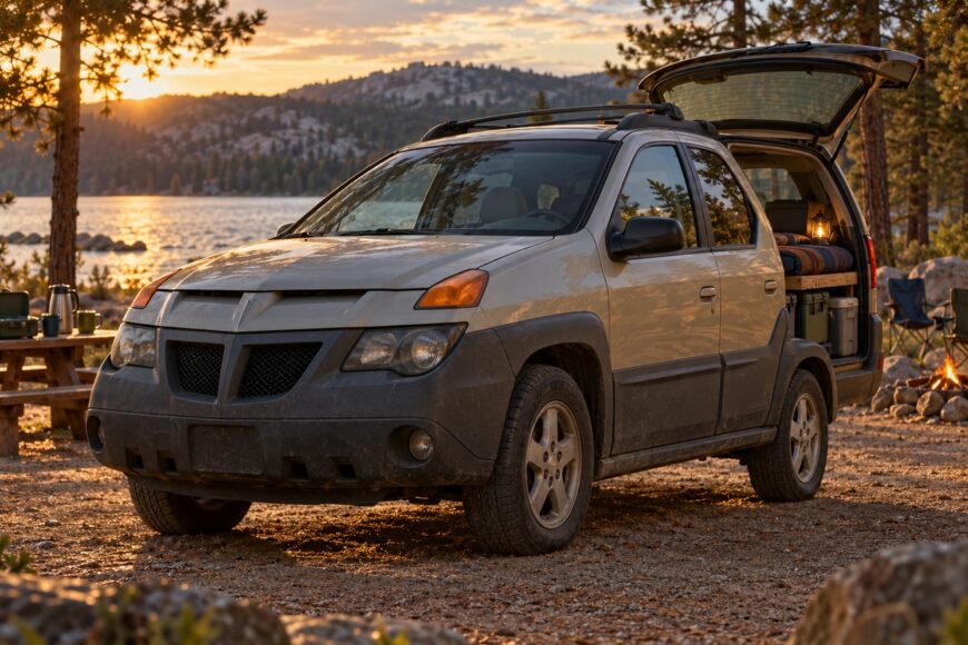 A beige Pontiac Aztek converted into a camper with its trunk open parked by a lake at sunset