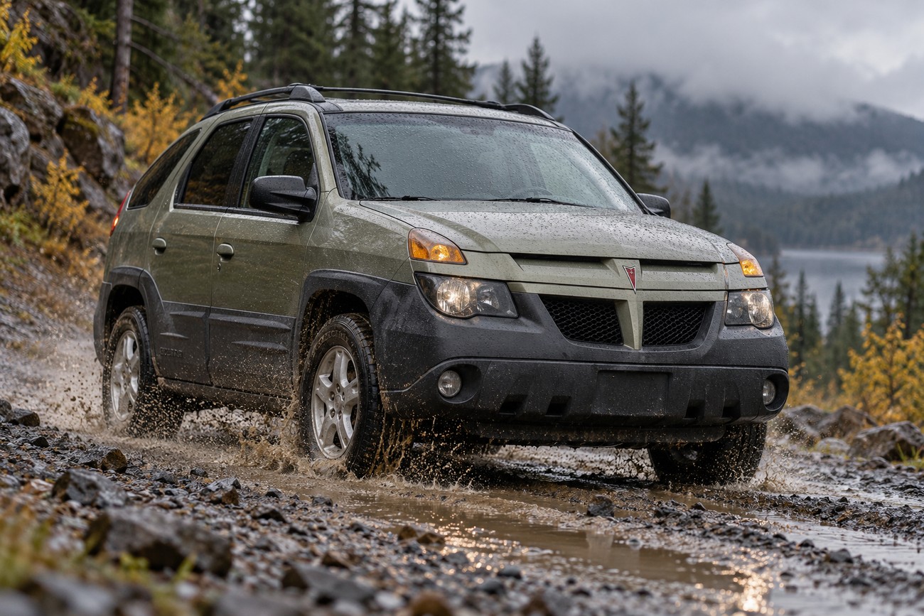 An olive green Pontiac Aztek driving through muddy puddles on a rugged mountain trail surrounded by pine trees and misty hills