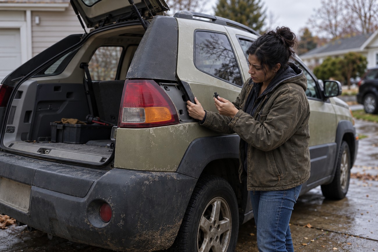 A woman in a jacket stands by the open trunk of a muddy Pontiac Aztek while fixing the rear light assembly