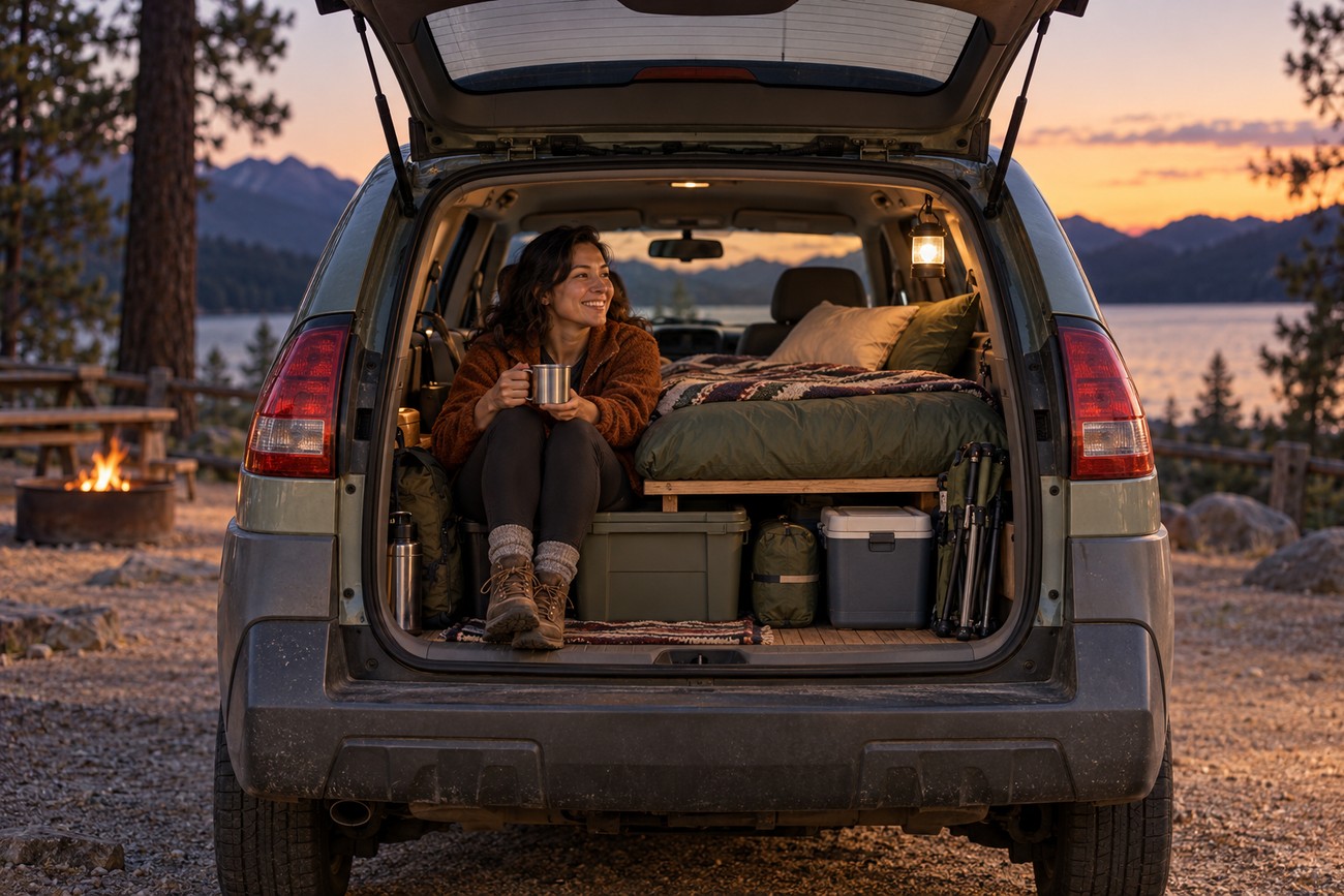 A smiling woman holding a mug while sitting inside the open trunk of a converted Pontiac Aztek camper parked by a lake at sunset