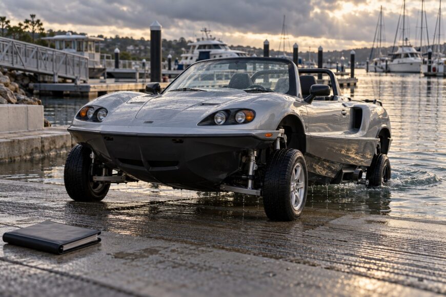 A silver Gibbs Aquada amphibious vehicle parked on a wet concrete boat ramp at a marina with yachts in the background