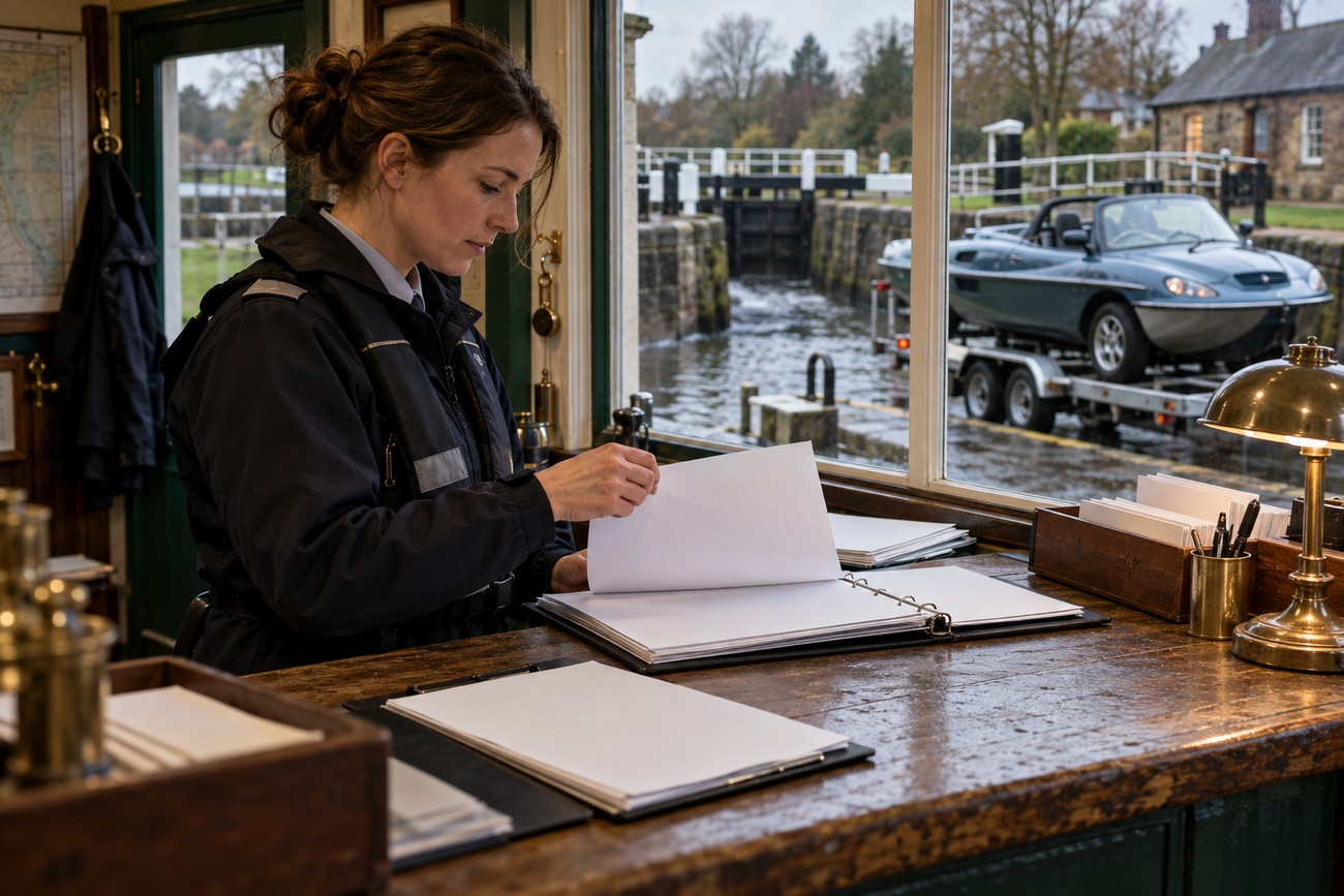 A woman in official uniform checks documents at a wooden desk inside a canal lock office while a Gibbs Aquada amphibious car waits on a trailer outside