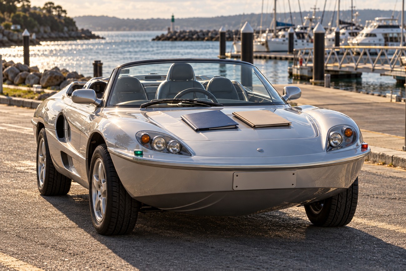 A silver Gibbs Aquada amphibious car parked on a paved road near a marina with boats