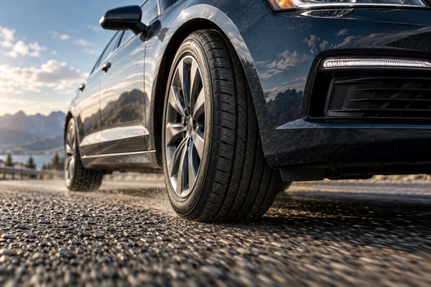 Close-up shot of a modern dark car tire rolling fast on an asphalt road with mountains in the background