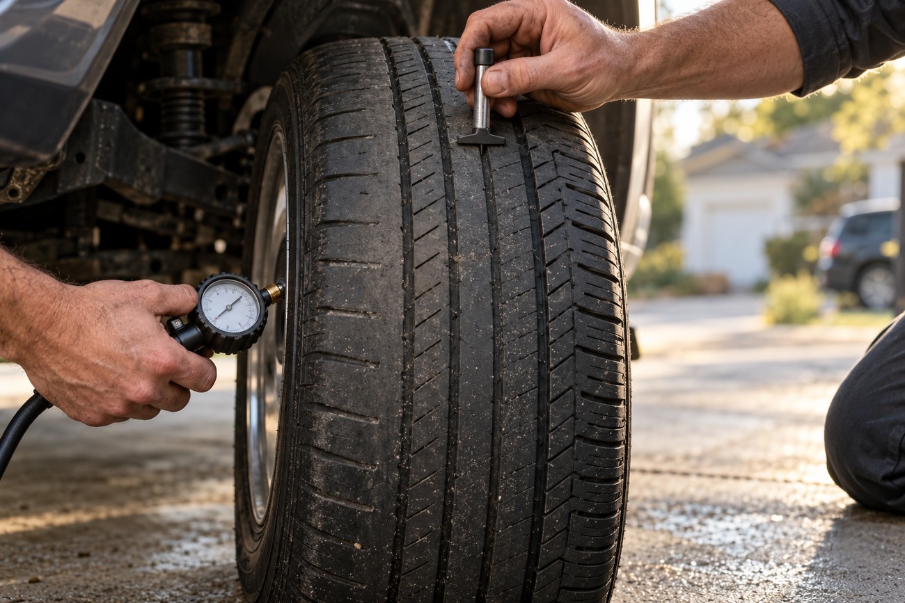 Mechanic using a tread depth gauge and checking pressure on a car tire outdoors