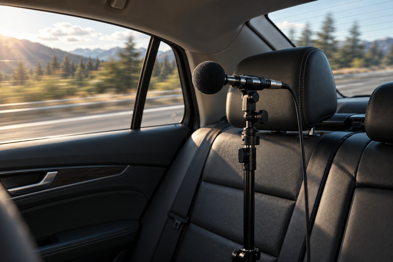 A professional microphone on a stand is set up in the back seat of a moving car to record road and tire noise