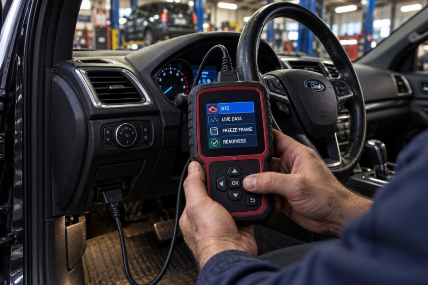 Mechanic holding an OBD-II diagnostic scanner connected to a vehicle interior showing menu options on the screen