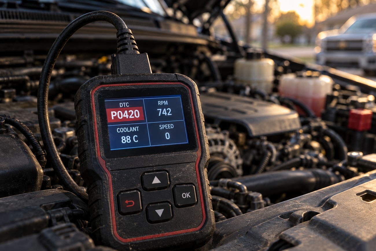 An OBD-II diagnostic scanner showing an engine trouble code P0420 on its screen inside a car engine bay