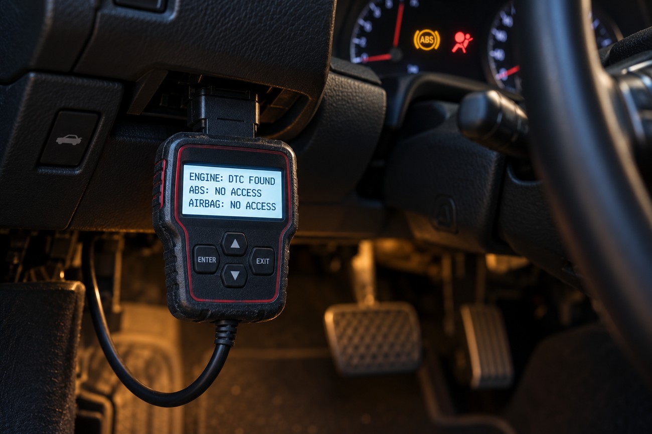 An OBD-II diagnostic scanner connected to a car port showing engine error codes on the dashboard