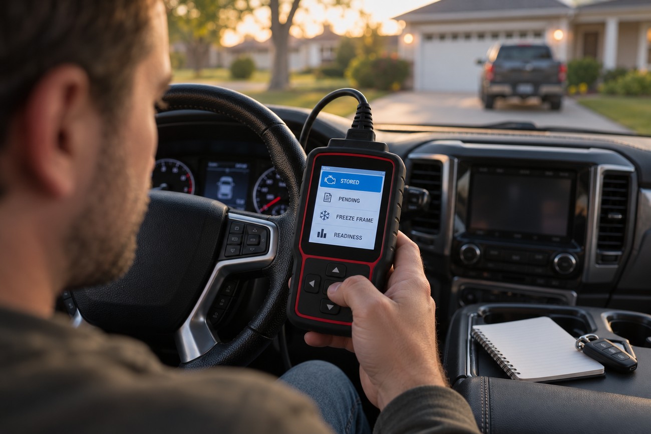 A man sitting inside a car holding and operating a handheld OBD-II diagnostic scanner with menu options on the screen