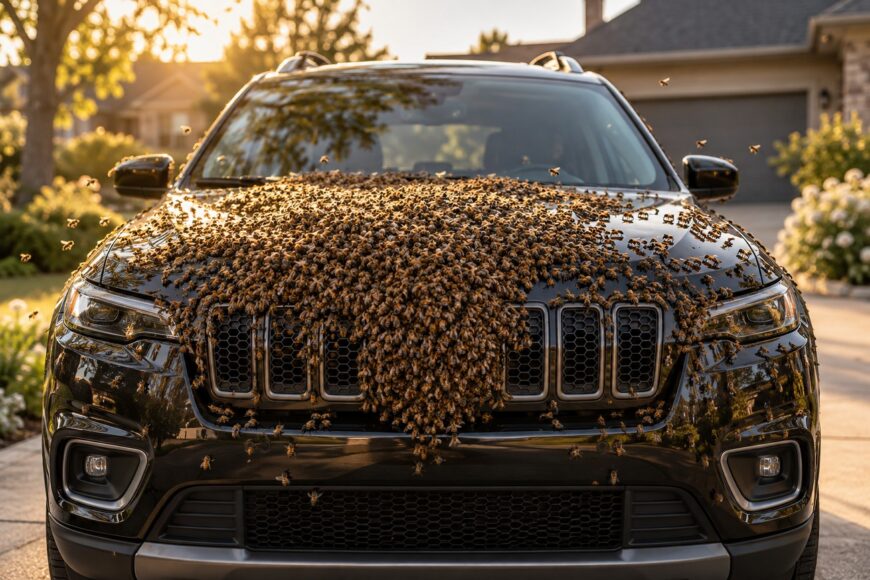 A massive swarm of bees covering the front hood and grille of a black Jeep Cherokee parked outdoors