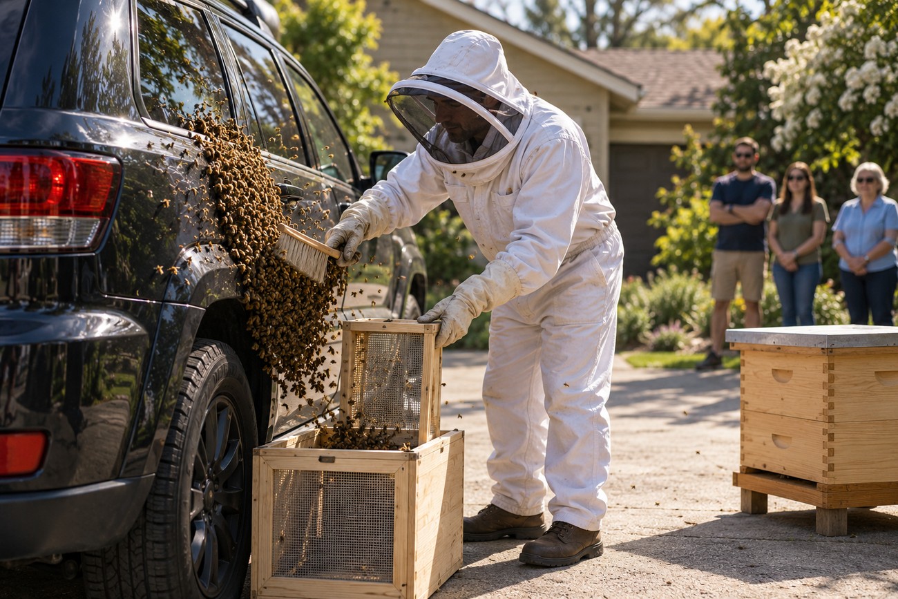 A beekeeper in a white protective suit gently brushes a large bee swarm from a black Jeep Cherokee into wooden boxes while onlookers watch in the background