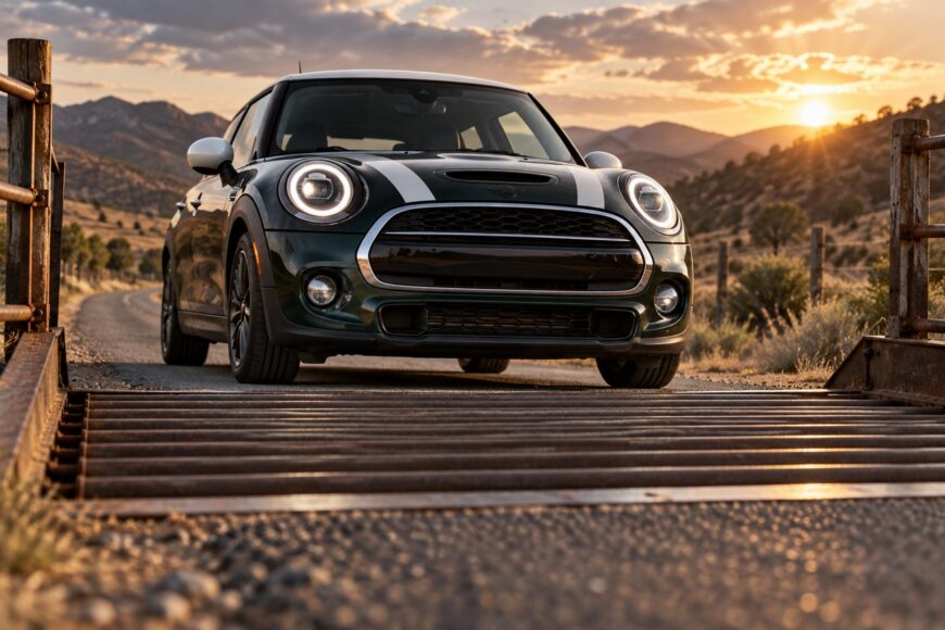 A dark green Mini Cooper slowly approaches a metal cattle guard on a rural road during sunset