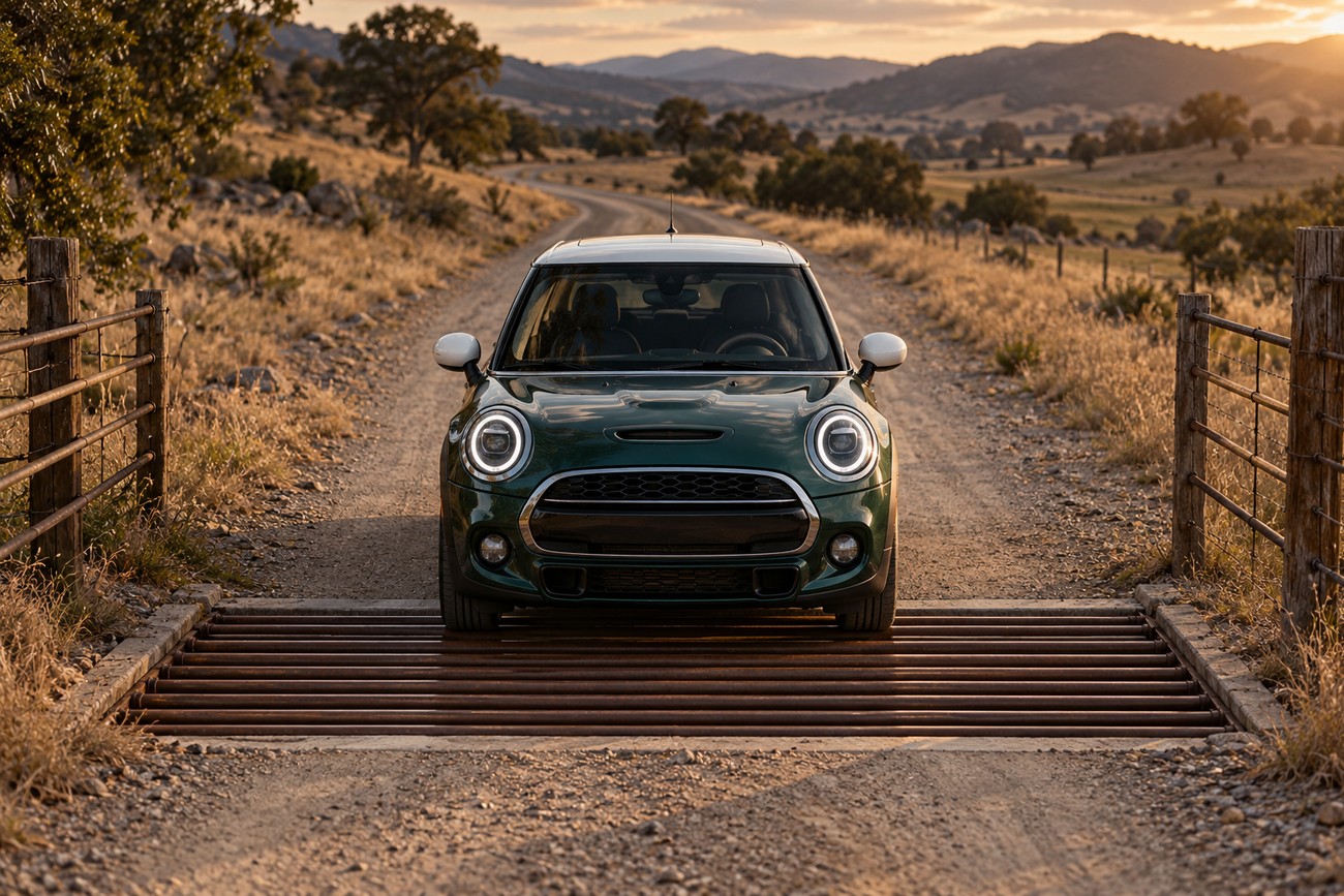 A green Mini Cooper car approaching a metal cattle guard on a dirt road in a rural landscape