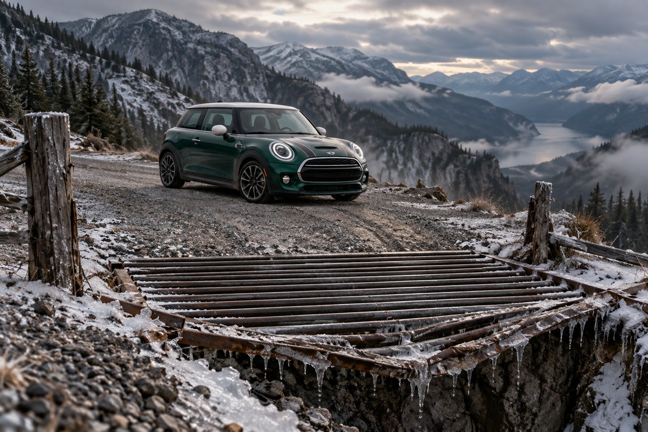 A green Mini Cooper parked near a frosty metal cattle guard on a snowy mountain pass