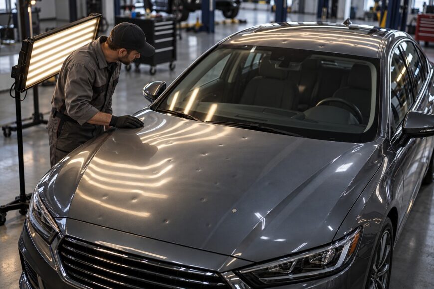 A mechanic in workwear inspecting hail dents on the hood of a grey sedan using a PDR inspection light in a repair shop
