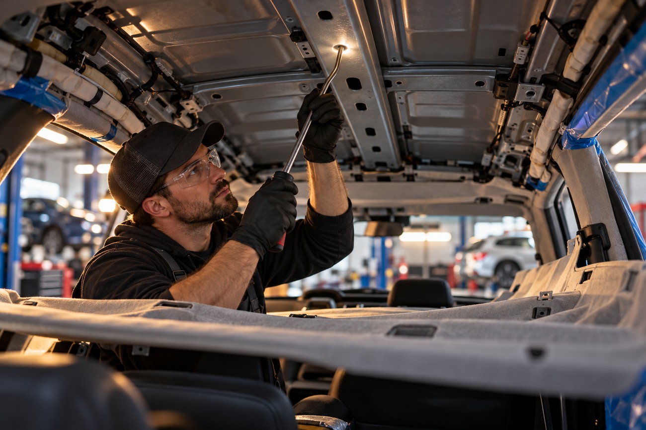 A technician wearing safety glasses and black gloves uses a metal rod to push out dents from inside a car with a removed headliner