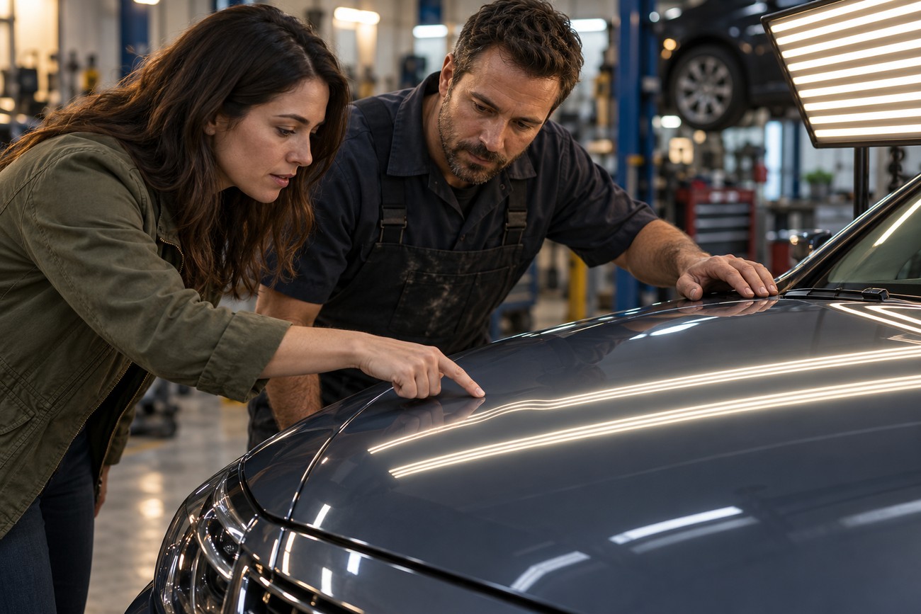A mechanic and a woman pointing at hail damage on a car hood in a repair shop
