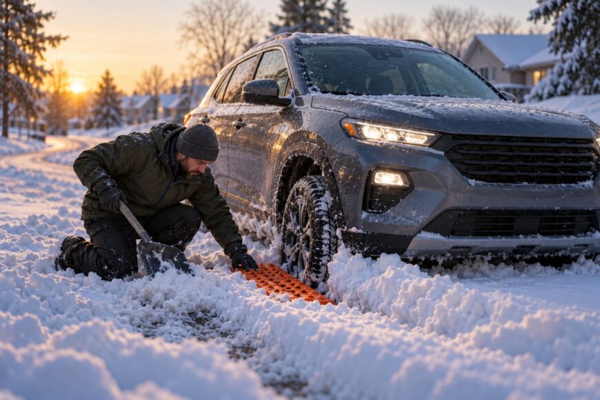 Man wearing a winter jacket and beanie kneeling in the snow to place an orange traction mat under the tire of a stuck SUV