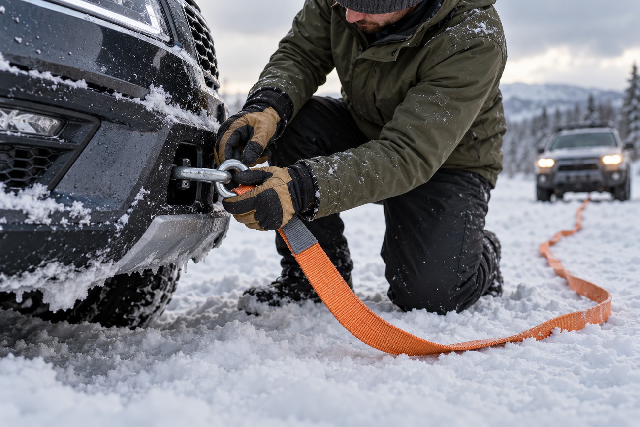 A man in a winter jacket and gloves attaching an orange tow strap to the front bumper shackle of a car stuck in the snow
