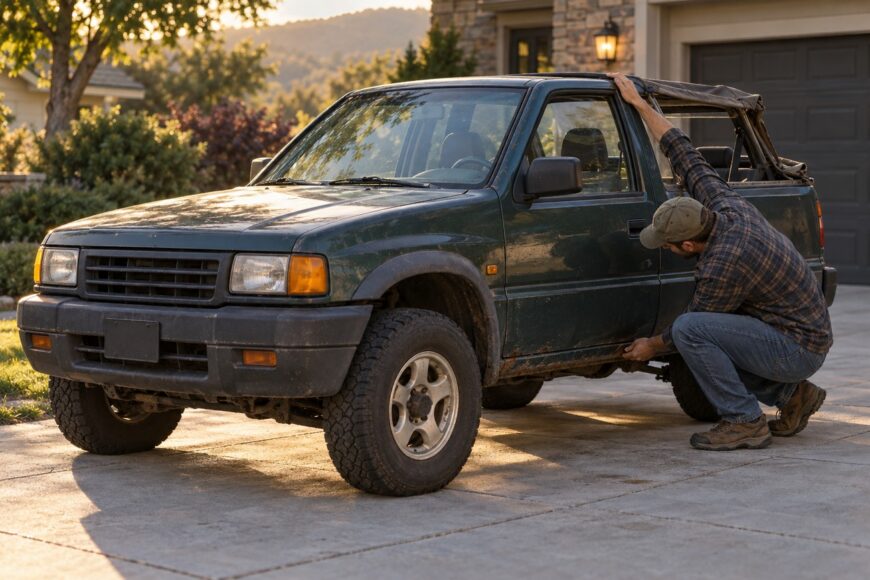 A man crouching and inspecting the side of a dark green Isuzu Amigo convertible SUV parked in a residential driveway at sunset