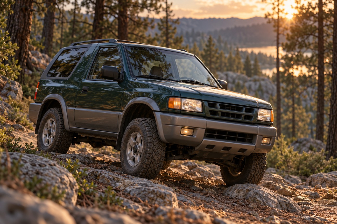 Dark green Isuzu Amigo convertible SUV parked on rocky ground in a pine forest at sunset