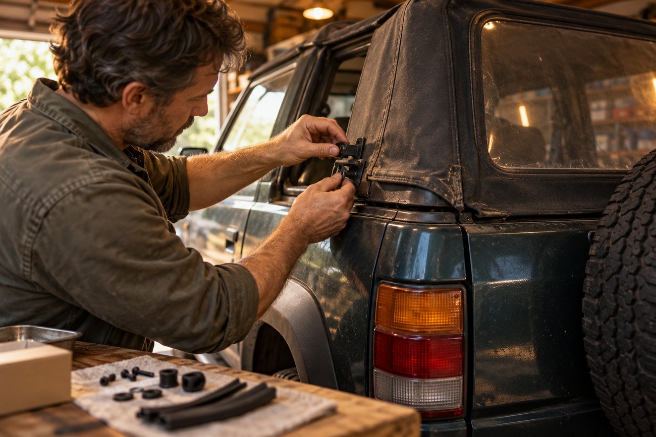 A man carefully fastening the convertible soft top latch of a dark green Isuzu Amigo SUV in a garage