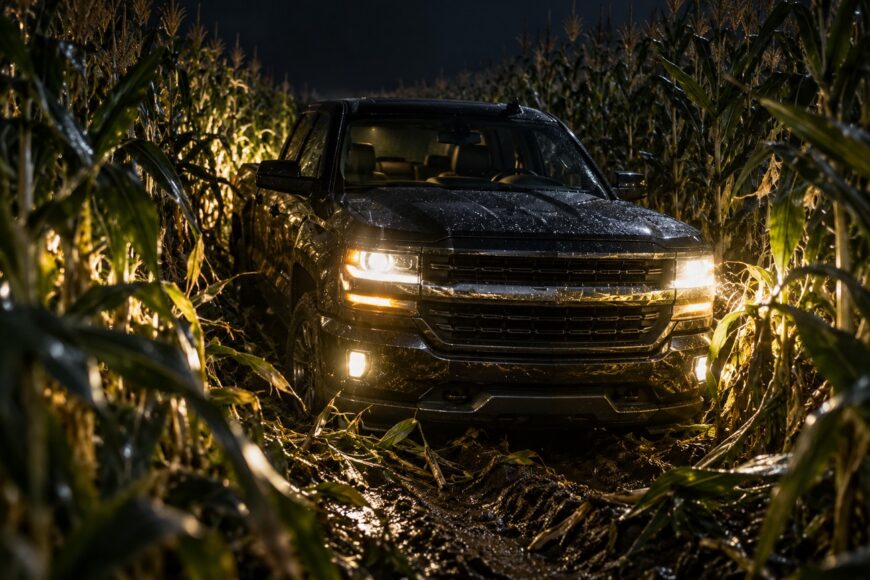 A dark Chevy Silverado pickup truck driving through a muddy cornfield at night with bright headlights on