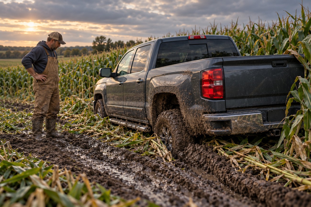 A man in overalls standing next to a muddy Chevy Silverado stuck in a cornfield