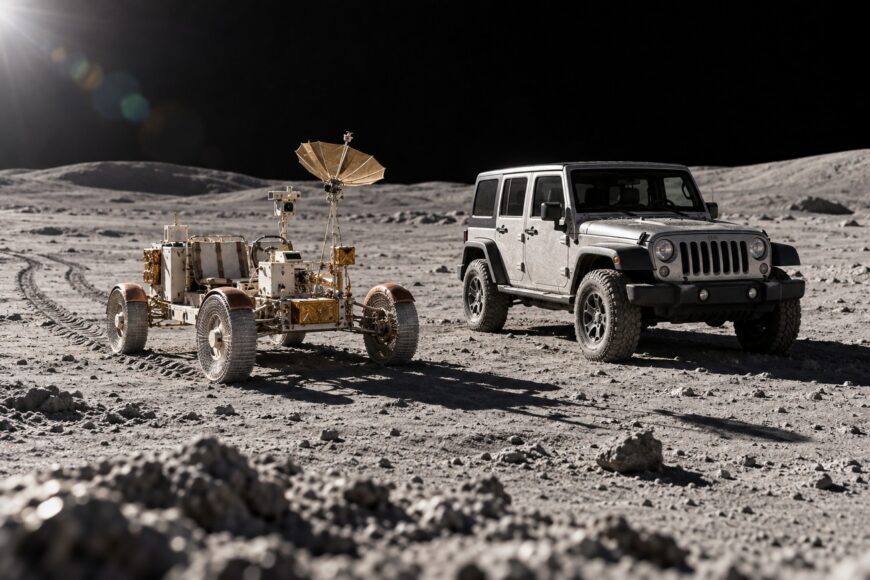 A lunar rover and a silver Jeep Wrangler parked together on the desolate lunar surface