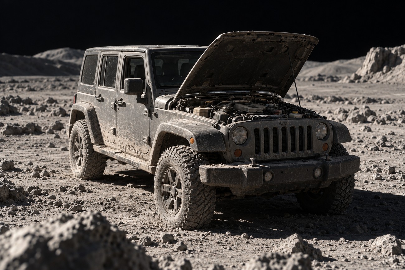 A dusty Jeep Wrangler with its hood open parked on a rocky lunar landscape with a black sky