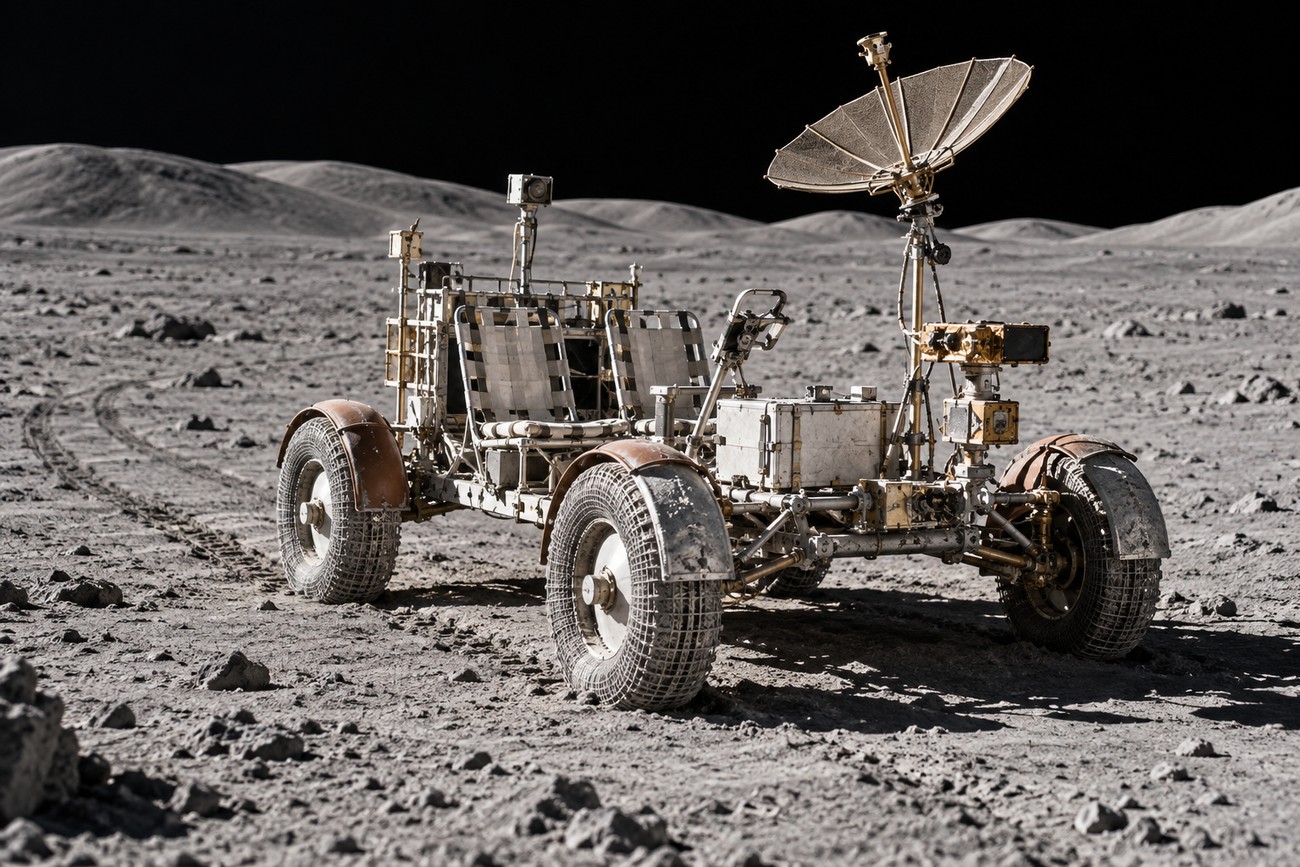 A lunar rover parked on the dusty grey lunar surface with hills in the background