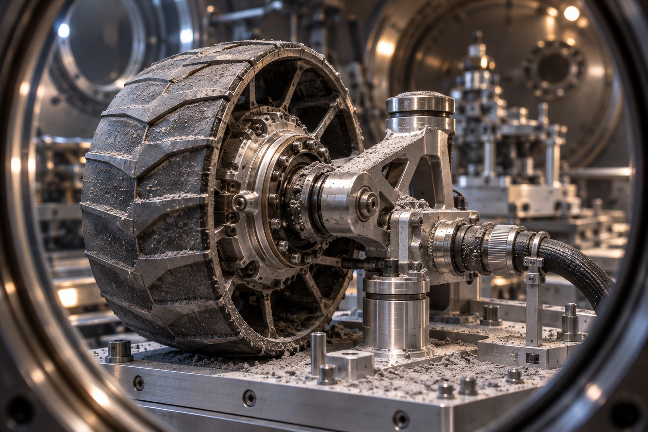 A close-up shot of a metallic lunar rover wheel and suspension assembly inside a testing chamber