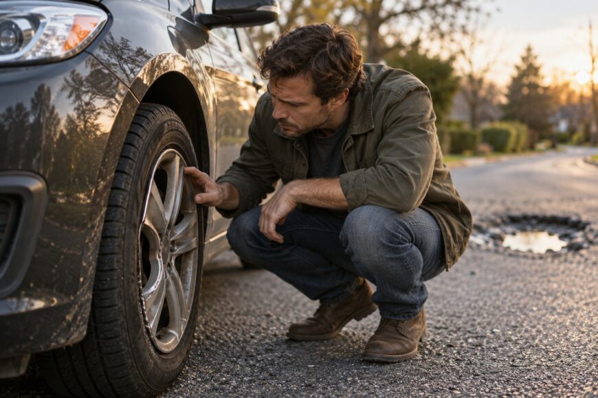 A man crouching beside his car on the street and inspecting a damaged wheel rim