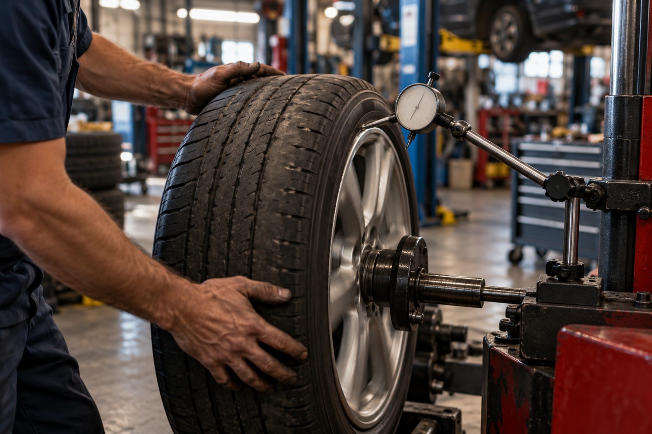A mechanic checks a car wheel rim with a dial indicator on a balancing machine in a repair shop