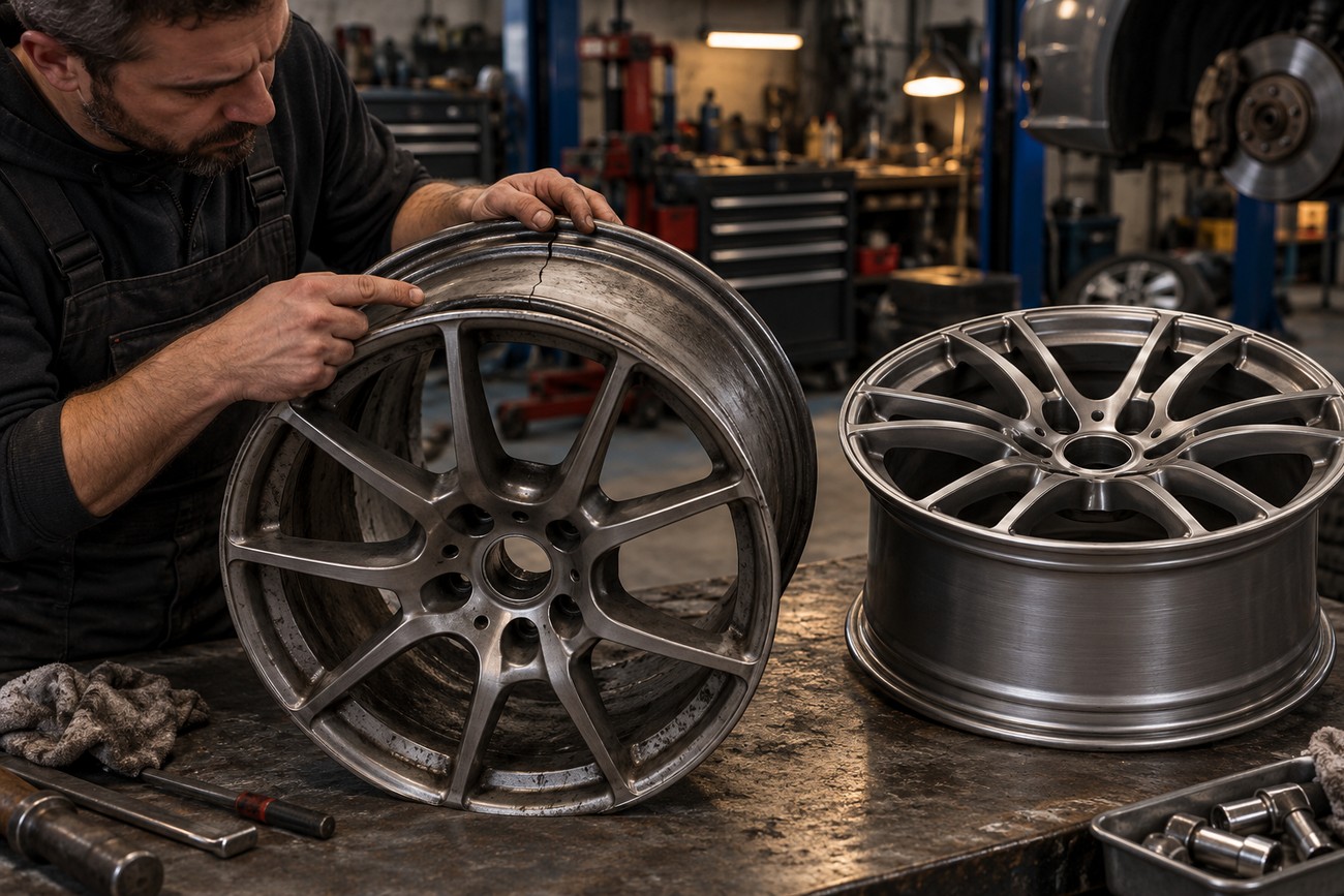 A mechanic inspecting a bent and cracked alloy car wheel rim on a workbench in an auto repair shop