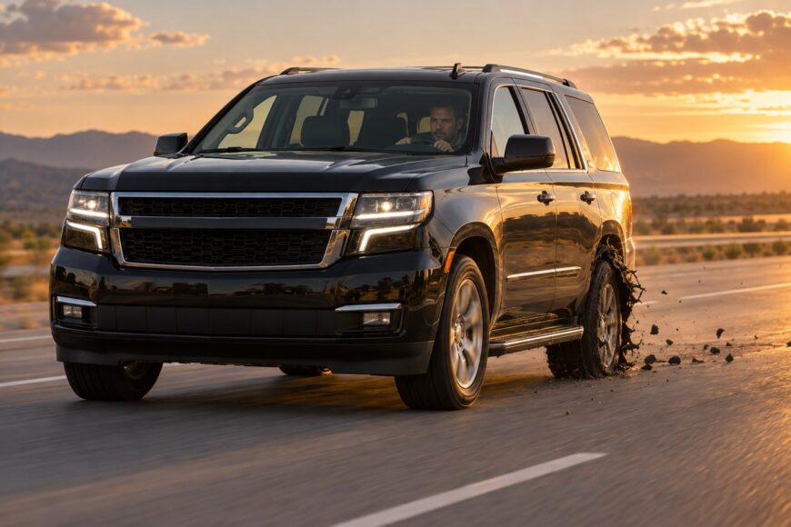 A black Chevy Tahoe SUV driving on a highway at sunset with a severely damaged and shredded rear tire