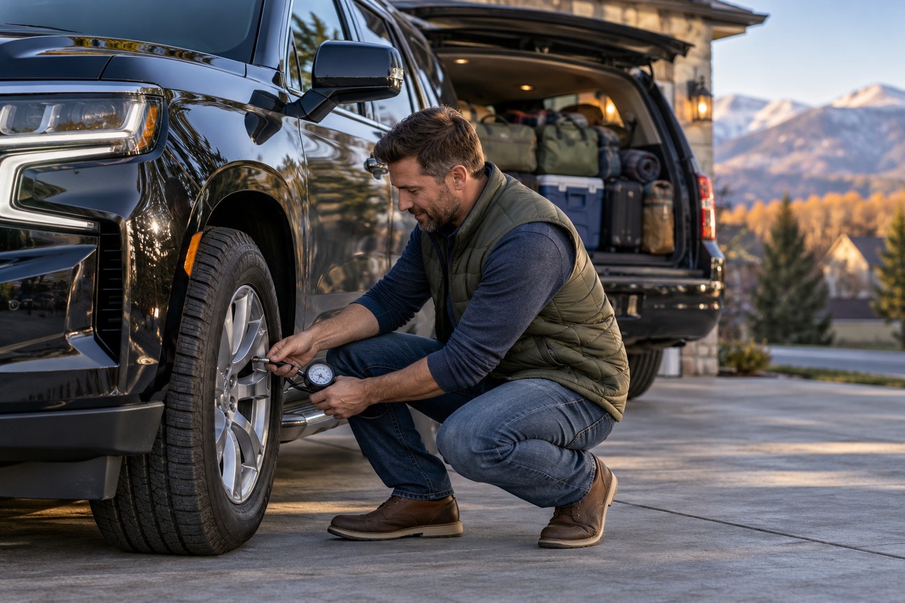A man crouching beside a black Chevy Tahoe SUV and checking the tire pressure with a gauge