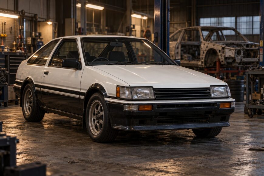 A classic white and black Toyota AE86 Levin sports car parked inside a dimly lit professional garage workshop