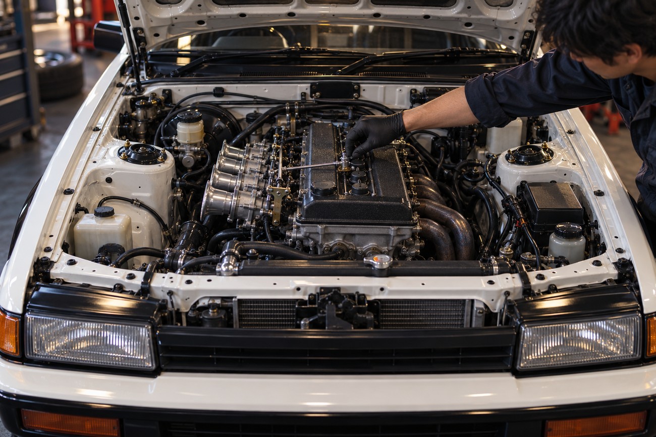 A mechanic wearing black gloves tuning the engine of a white Toyota AE86 Levin in a garage