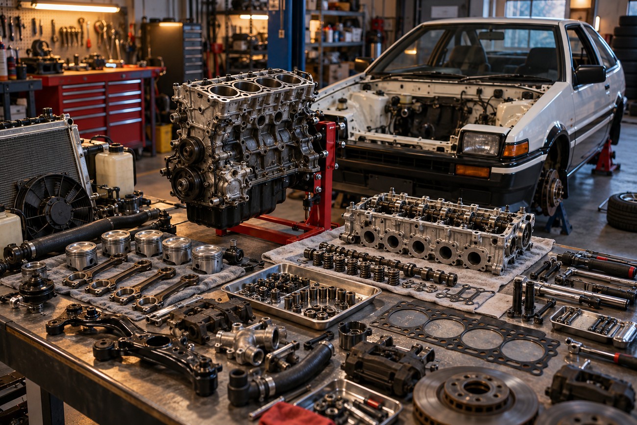 Disassembled Toyota AE86 engine block and mechanical parts laid out on a workbench with the car in the background