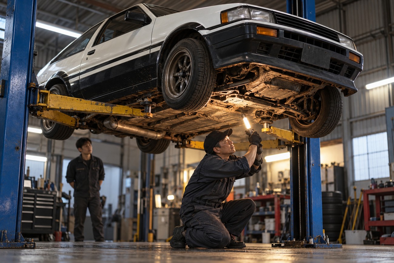 A mechanic crouching with a work light inspecting the undercarriage of a lifted Toyota AE86 Levin in a workshop