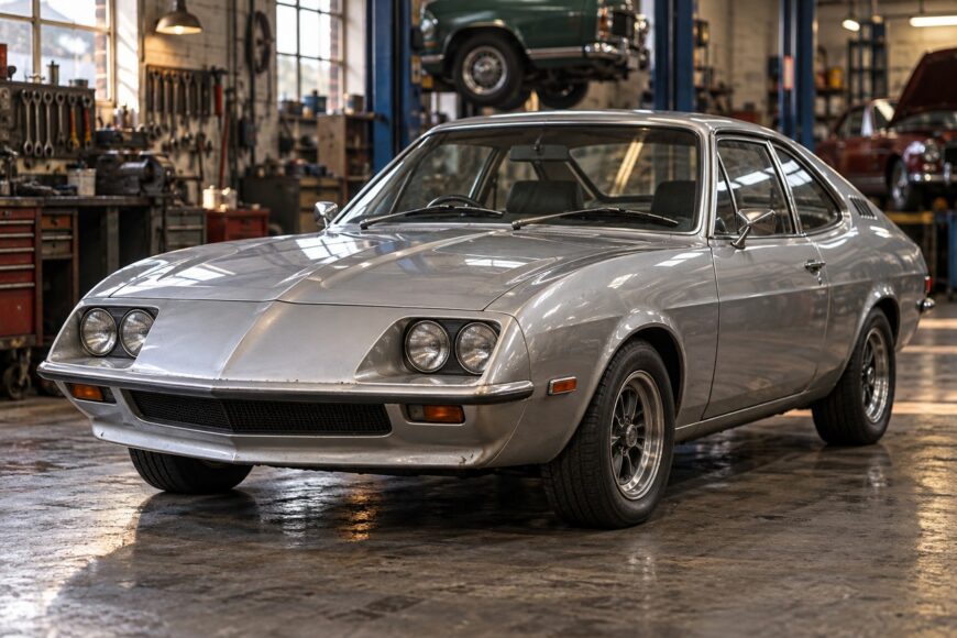 A classic silver Vauxhall Firenza Droopsnoot aero coupe parked on the concrete floor of a vintage garage workshop